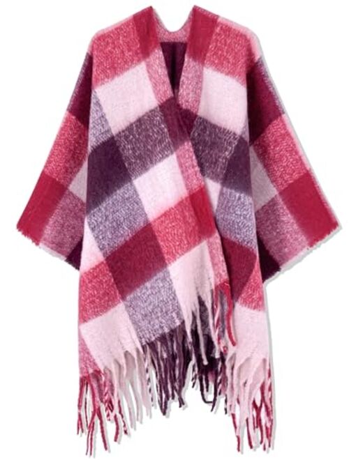 Moss Rose Women's Travel Plaid Shawl Wrap Open Front Poncho Cape for Fall Winter