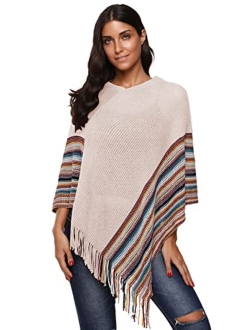 SherryDC Women's Zig-Zag Knit Tassel Fringed Pullover Poncho Sweater Cape Shawl Wrap