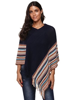 SherryDC Women's Zig-Zag Knit Tassel Fringed Pullover Poncho Sweater Cape Shawl Wrap