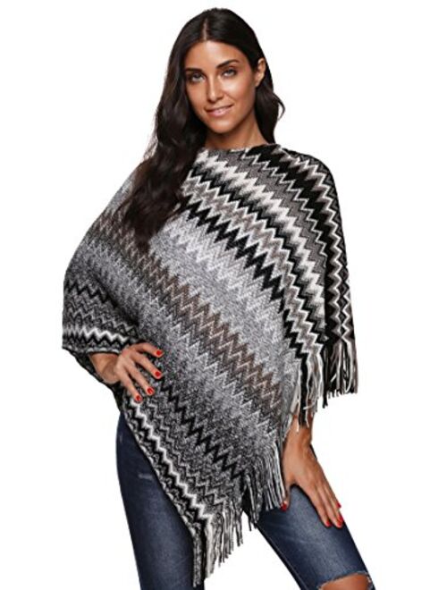 SherryDC Women's Zig-Zag Knit Tassel Fringed Pullover Poncho Sweater Cape Shawl Wrap