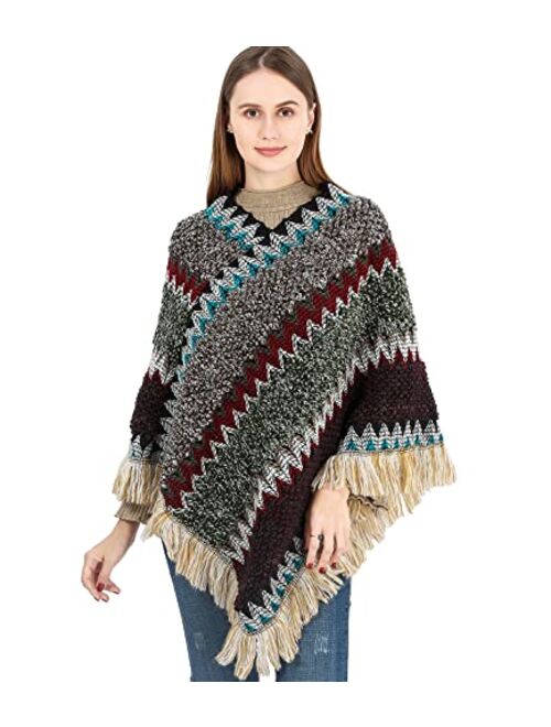 SherryDC Women's Zig-Zag Knit Tassel Fringed Pullover Poncho Sweater Cape Shawl Wrap