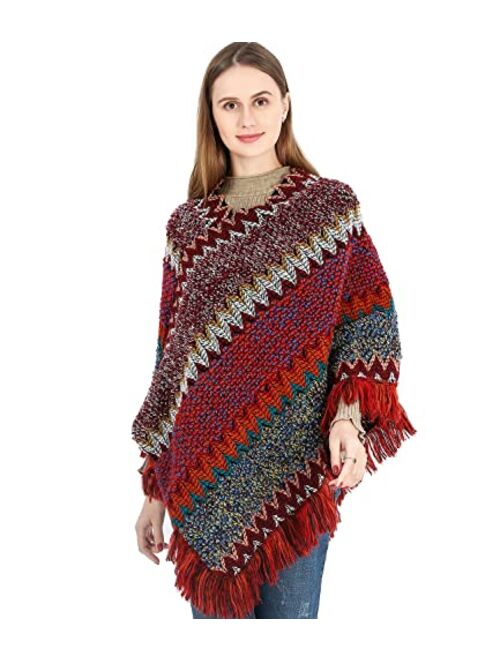 SherryDC Women's Zig-Zag Knit Tassel Fringed Pullover Poncho Sweater Cape Shawl Wrap