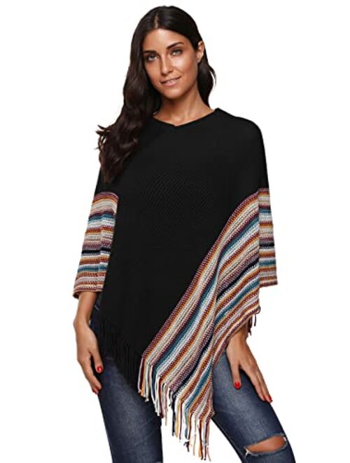 SherryDC Women's Zig-Zag Knit Tassel Fringed Pullover Poncho Sweater Cape Shawl Wrap