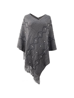 VICITENEY Women Casual Poncho Knitted Scarf And Capes Plus Size Solid Sweater Warm Tassel Sweaters Batwing Sleeve Poncho