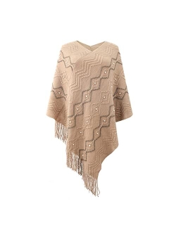 VICITENEY Women Casual Poncho Knitted Scarf And Capes Plus Size Solid Sweater Warm Tassel Sweaters Batwing Sleeve Poncho