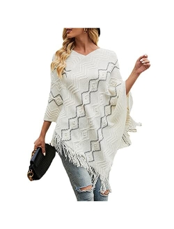 VICITENEY Women Casual Poncho Knitted Scarf And Capes Plus Size Solid Sweater Warm Tassel Sweaters Batwing Sleeve Poncho