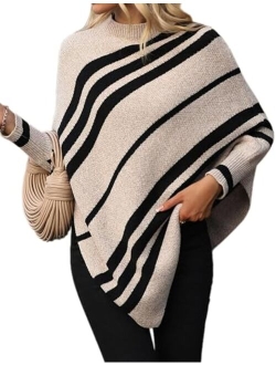 Labolliy Women Oversized Striped Poncho Sweaters Mock Neck Batwing Long Sleeve Asymmetrical Hem Casual Knit Pullover Jumper