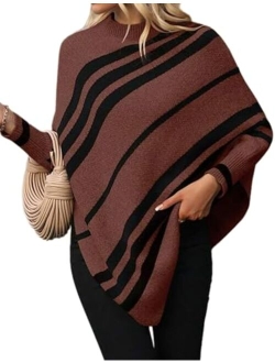 Labolliy Women Oversized Striped Poncho Sweaters Mock Neck Batwing Long Sleeve Asymmetrical Hem Casual Knit Pullover Jumper