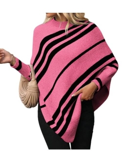 Labolliy Women Oversized Striped Poncho Sweaters Mock Neck Batwing Long Sleeve Asymmetrical Hem Casual Knit Pullover Jumper