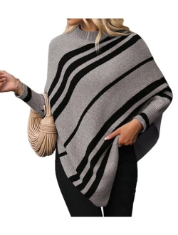 Labolliy Women Oversized Striped Poncho Sweaters Mock Neck Batwing Long Sleeve Asymmetrical Hem Casual Knit Pullover Jumper