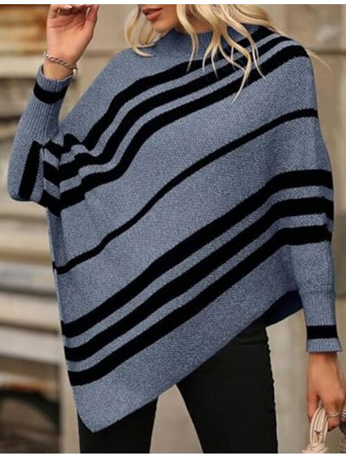 Labolliy Women Oversized Striped Poncho Sweaters Mock Neck Batwing Long Sleeve Asymmetrical Hem Casual Knit Pullover Jumper