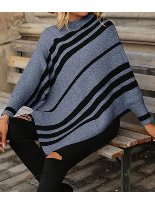 Labolliy Women Oversized Striped Poncho Sweaters Mock Neck Batwing Long Sleeve Asymmetrical Hem Casual Knit Pullover Jumper