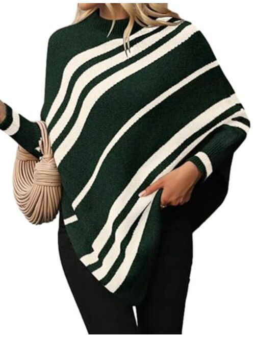 Labolliy Women Oversized Striped Poncho Sweaters Mock Neck Batwing Long Sleeve Asymmetrical Hem Casual Knit Pullover Jumper