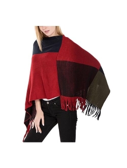 Honmmik Women Poncho Sweater Plaid Warm V Neck Sweaters Fall Shawl For Women Pullover Sweaters