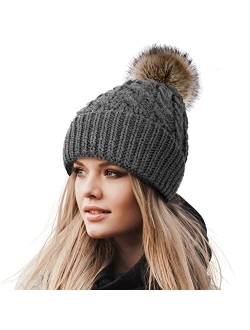 Livingston Women's Winter Soft Knit Beanie Hat with Faux Fur Pom Pom Warm Skull Cap Beanies for Women