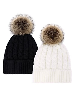 Livingston Women's Winter Soft Knit Beanie Hat with Faux Fur Pom Pom Warm Skull Cap Beanies for Women