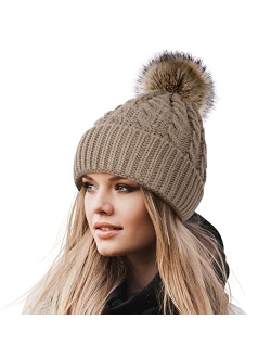 Livingston Women's Winter Soft Knit Beanie Hat with Faux Fur Pom Pom Warm Skull Cap Beanies for Women