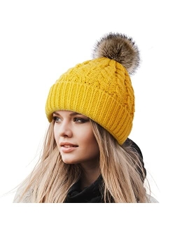 Livingston Women's Winter Soft Knit Beanie Hat with Faux Fur Pom Pom Warm Skull Cap Beanies for Women