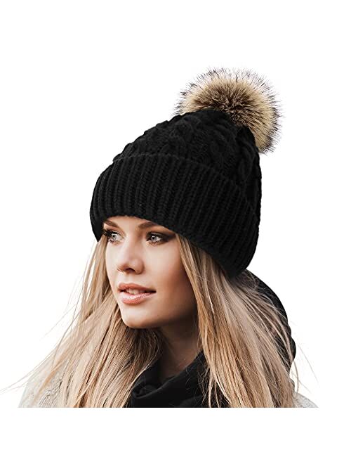 Livingston Women's Winter Soft Knit Beanie Hat with Faux Fur Pom Pom Warm Skull Cap Beanies for Women