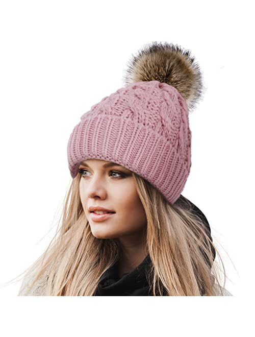 Livingston Women's Winter Soft Knit Beanie Hat with Faux Fur Pom Pom Warm Skull Cap Beanies for Women