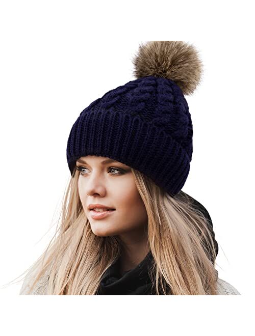 Livingston Women's Winter Soft Knit Beanie Hat with Faux Fur Pom Pom Warm Skull Cap Beanies for Women