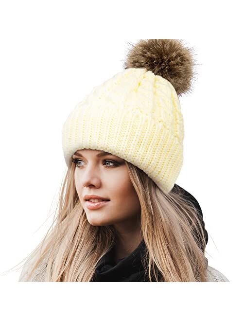 Livingston Women's Winter Soft Knit Beanie Hat with Faux Fur Pom Pom Warm Skull Cap Beanies for Women