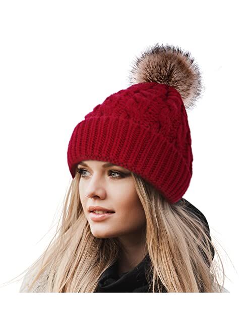 Livingston Women's Winter Soft Knit Beanie Hat with Faux Fur Pom Pom Warm Skull Cap Beanies for Women