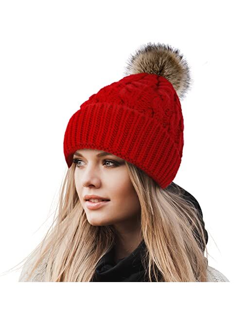 Livingston Women's Winter Soft Knit Beanie Hat with Faux Fur Pom Pom Warm Skull Cap Beanies for Women