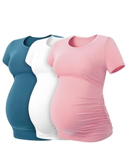 Womens Maternity Shirts Tops Short Sleeve 1 or 3 Pack Side Ruched Modal Cotton Pregnancy Tshirt Crew Neck Tees L55