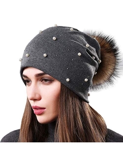 AICHUAN Womens Slouchy Beanie Hat with Real Raccoon Fur Ball Pompom Cotton Pearls Winter Fall Hat