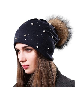 AICHUAN Womens Slouchy Beanie Hat with Real Raccoon Fur Ball Pompom Cotton Pearls Winter Fall Hat