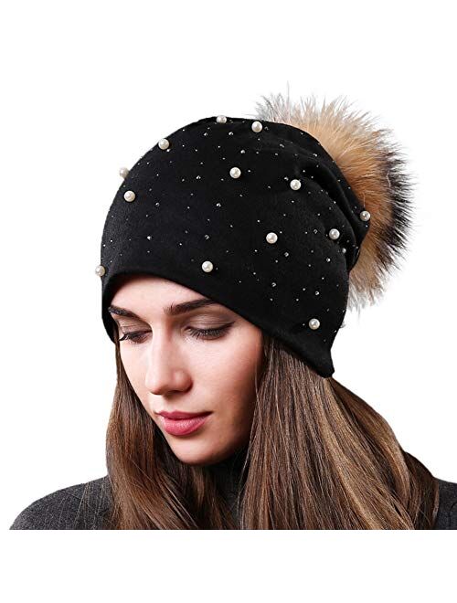 AICHUAN Womens Slouchy Beanie Hat with Real Raccoon Fur Ball Pompom Cotton Pearls Winter Fall Hat