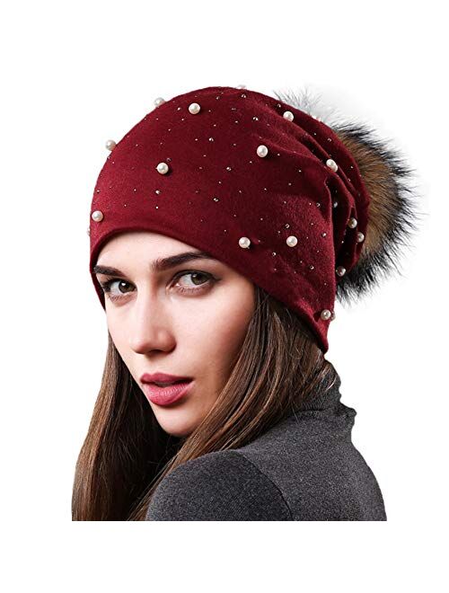 AICHUAN Womens Slouchy Beanie Hat with Real Raccoon Fur Ball Pompom Cotton Pearls Winter Fall Hat