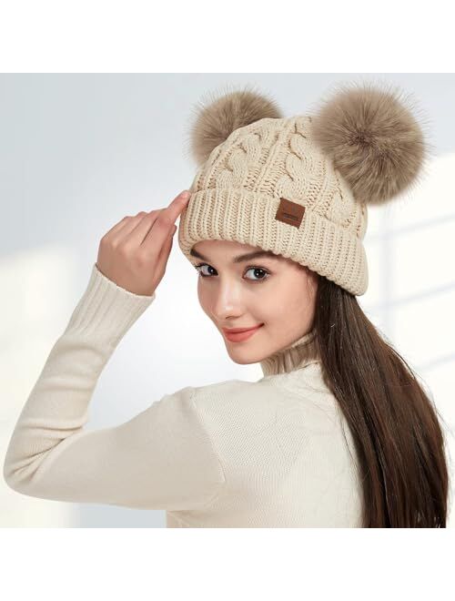 Spring Water Womens Beanie, Double Faux Fur Pom Beanie Hats for Women, Fleece Lined Cable Knit Winter Hats for Women