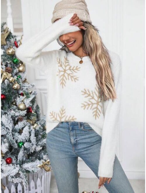 Snowflake Pattern Fluffy Knit Sweater