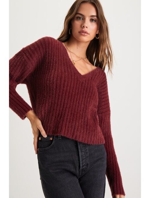 Lulus Bound for Coziness Burgundy Eyelash Knit V-Neck Sweater