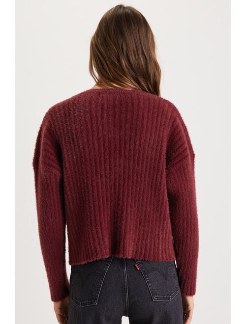 Lulus Bound for Coziness Burgundy Eyelash Knit V-Neck Sweater