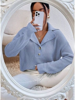 Lapel Neck Drop Shoulder Sweater