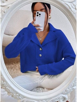 Lapel Neck Drop Shoulder Sweater