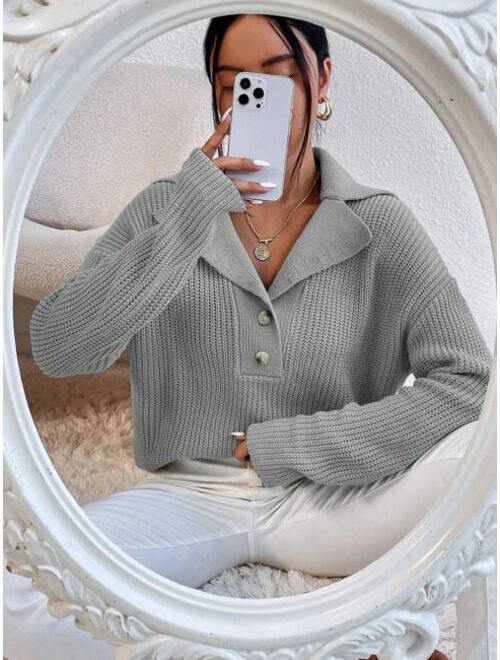 Lapel Neck Drop Shoulder Sweater