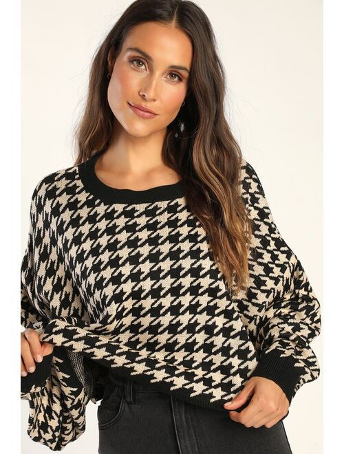 Lulus Autumn Arrival Black and Beige Houndstooth Dolman Sleeve Sweater