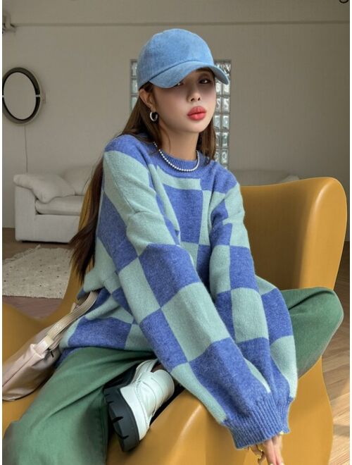 DAZY Checkered Pattern Drop Shoulder Sweater