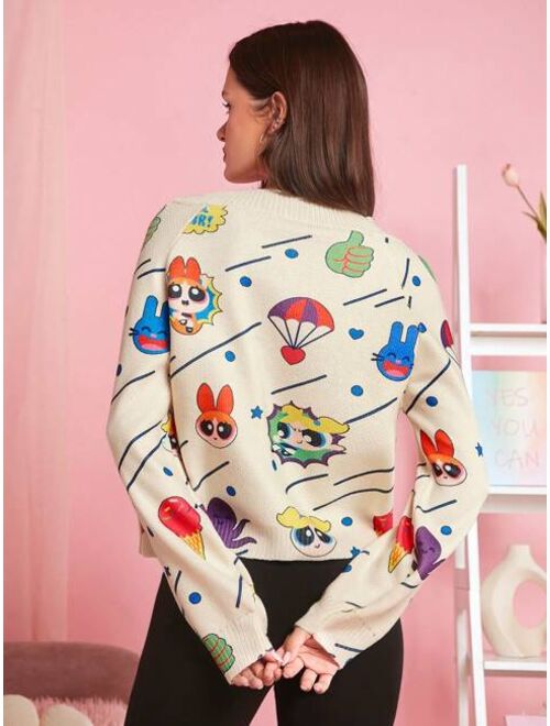 THE POWERPUFF GIRLS X SHEIN Cartoon Pattern Raglan Sleeve Sweater