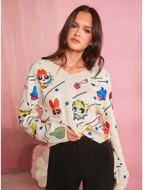 THE POWERPUFF GIRLS X SHEIN Cartoon Pattern Raglan Sleeve Sweater