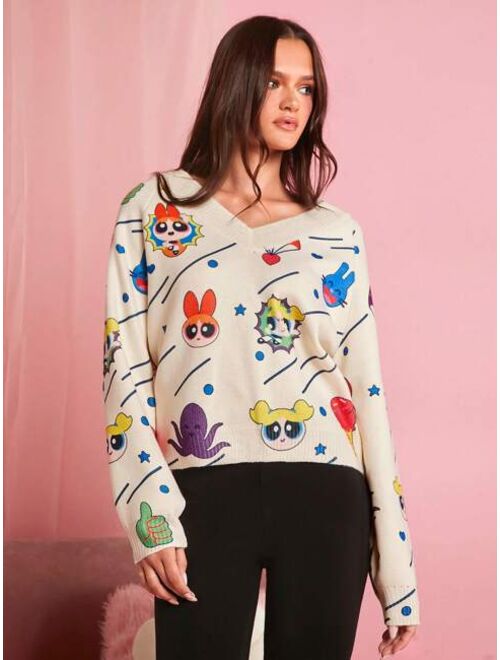 THE POWERPUFF GIRLS X SHEIN Cartoon Pattern Raglan Sleeve Sweater