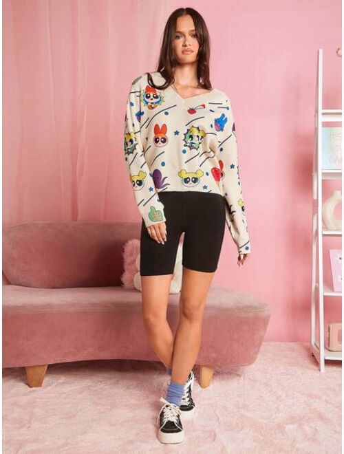 THE POWERPUFF GIRLS X SHEIN Cartoon Pattern Raglan Sleeve Sweater