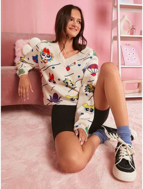 THE POWERPUFF GIRLS X SHEIN Cartoon Pattern Raglan Sleeve Sweater