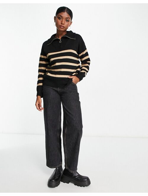 ASOS DESIGN sweater with zip neck in black and camel stripe