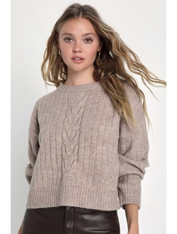 Toasty Stroll Plum Purple Cable Knit Crew Neck Sweater