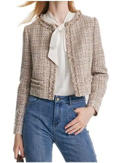 GOELIA Tweed Blazers for Women Work Business Casual, Beige Knit Blazer Cropped Jacket for Women